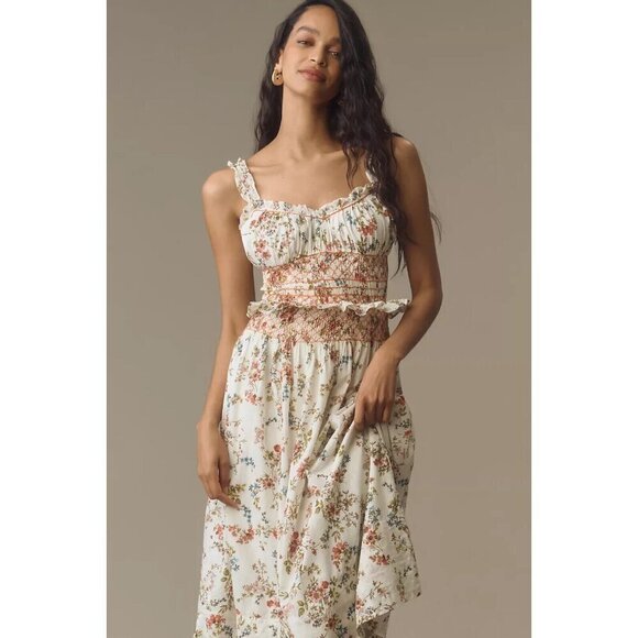 NWT Anthropologie Sleeveless Smocked-Waist Ruffled Midi Dress XL White Floral - Picture 4 of 10